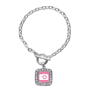 Silver Pink Camera Square Charm Toggle Bracelet