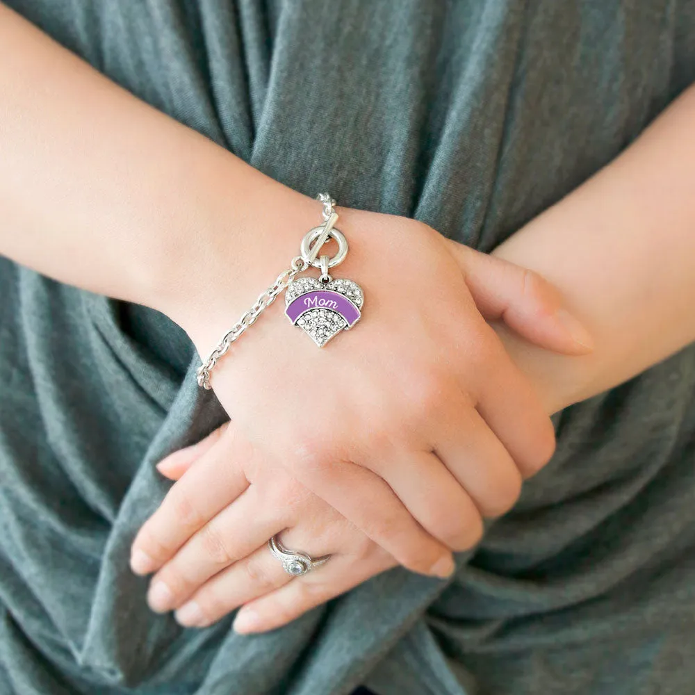 Silver Purple Mom Pave Heart Charm Toggle Bracelet