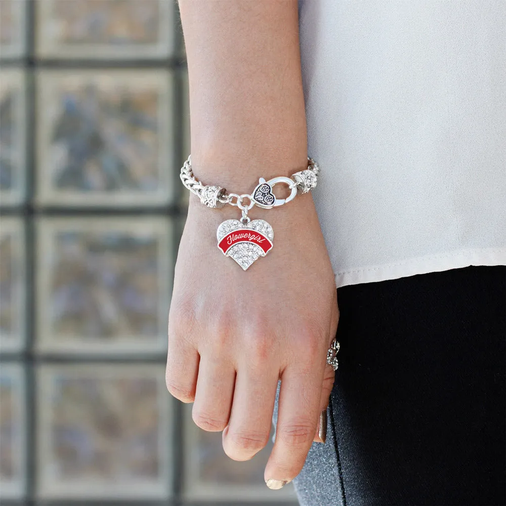 Silver Red Flower Girl Pave Heart Charm Braided Bracelet