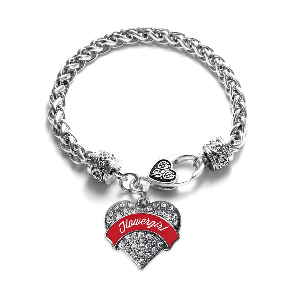 Silver Red Flower Girl Pave Heart Charm Braided Bracelet