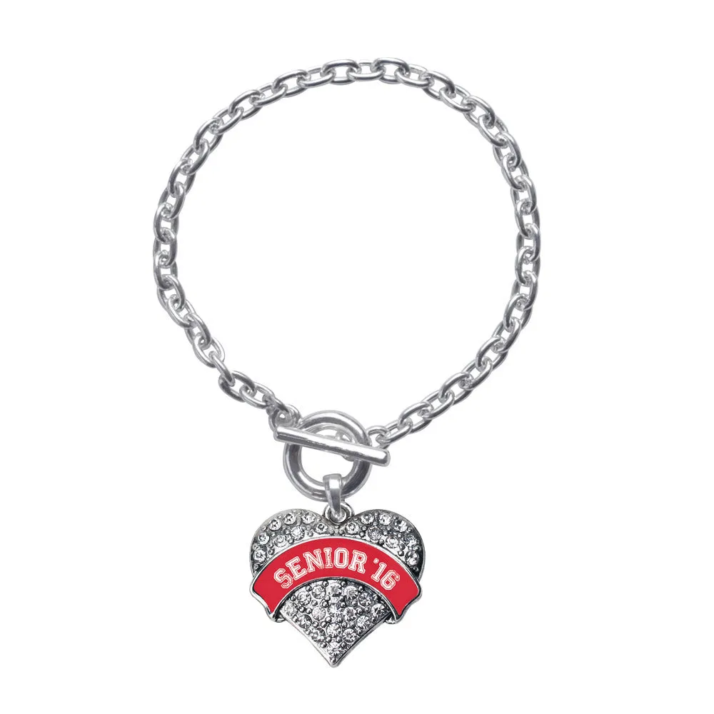 Silver Red Senior 2016 Pave Heart Charm Toggle Bracelet