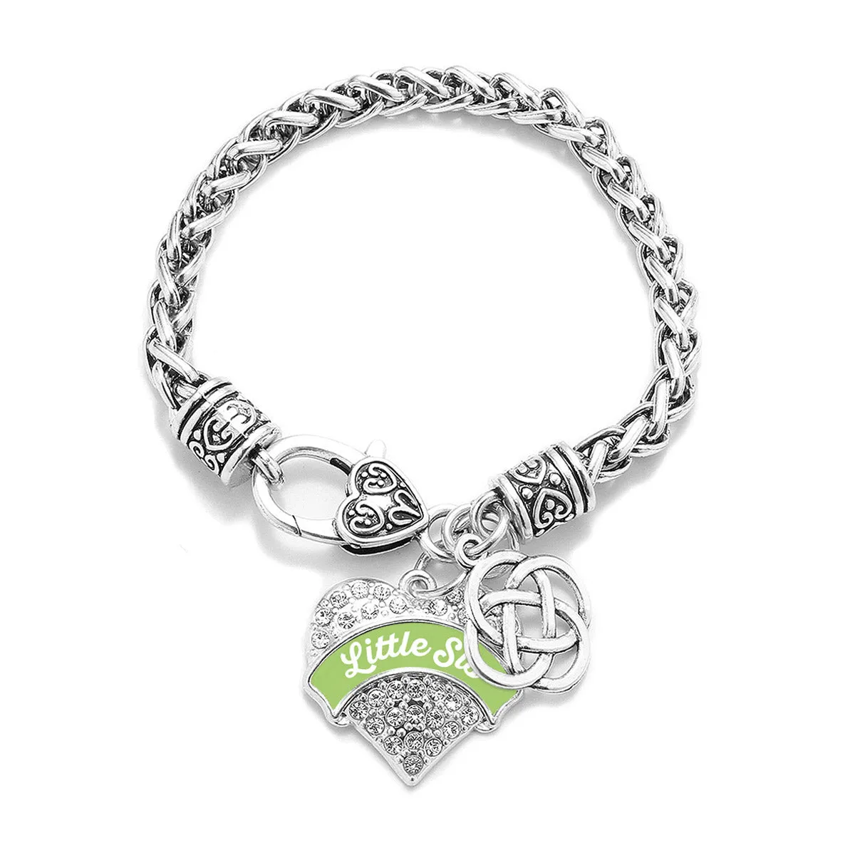 Silver Sage Green Little Sis Celtic Knot Pave Heart Charm Braided Bracelet