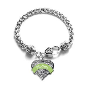 Silver Sage Green Mother Pave Heart Charm Braided Bracelet