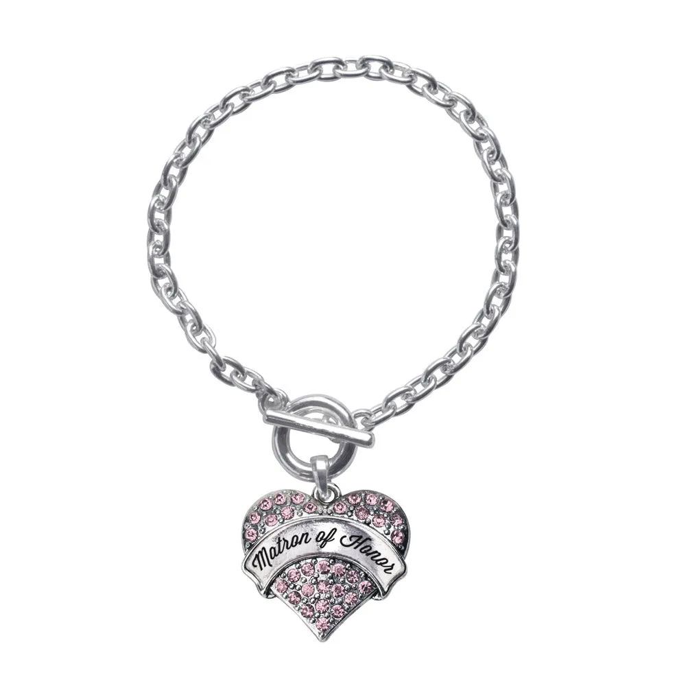 Silver Script Pink Matron of Honor Pink Pave Heart Charm Toggle Bracelet