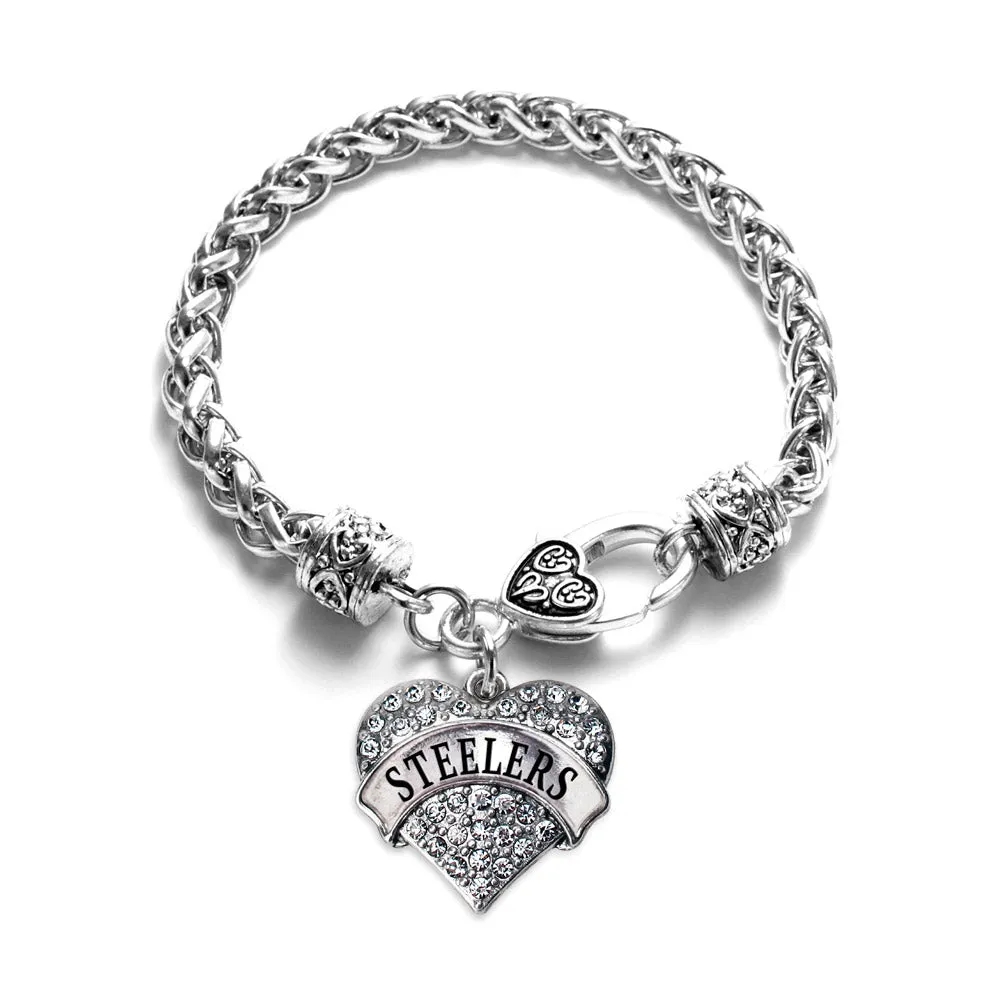 Silver Steelers Pave Heart Charm Braided Bracelet