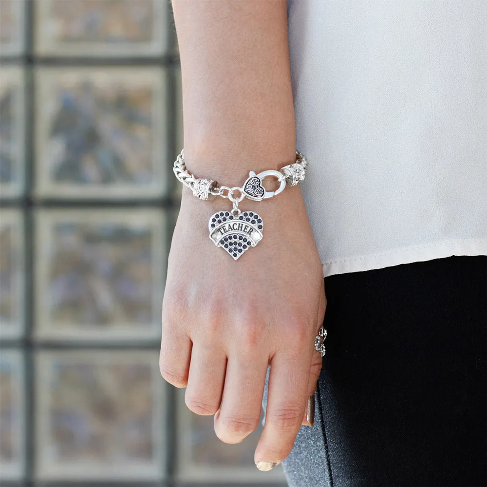 Silver Teacher Navy Blue Pave Heart Charm Braided Bracelet