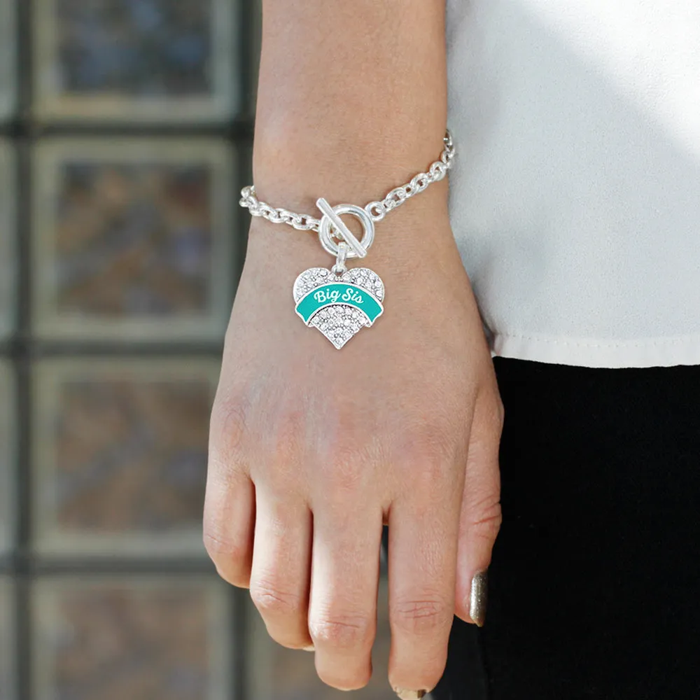 Silver Teal Big Sister Pave Heart Charm Toggle Bracelet