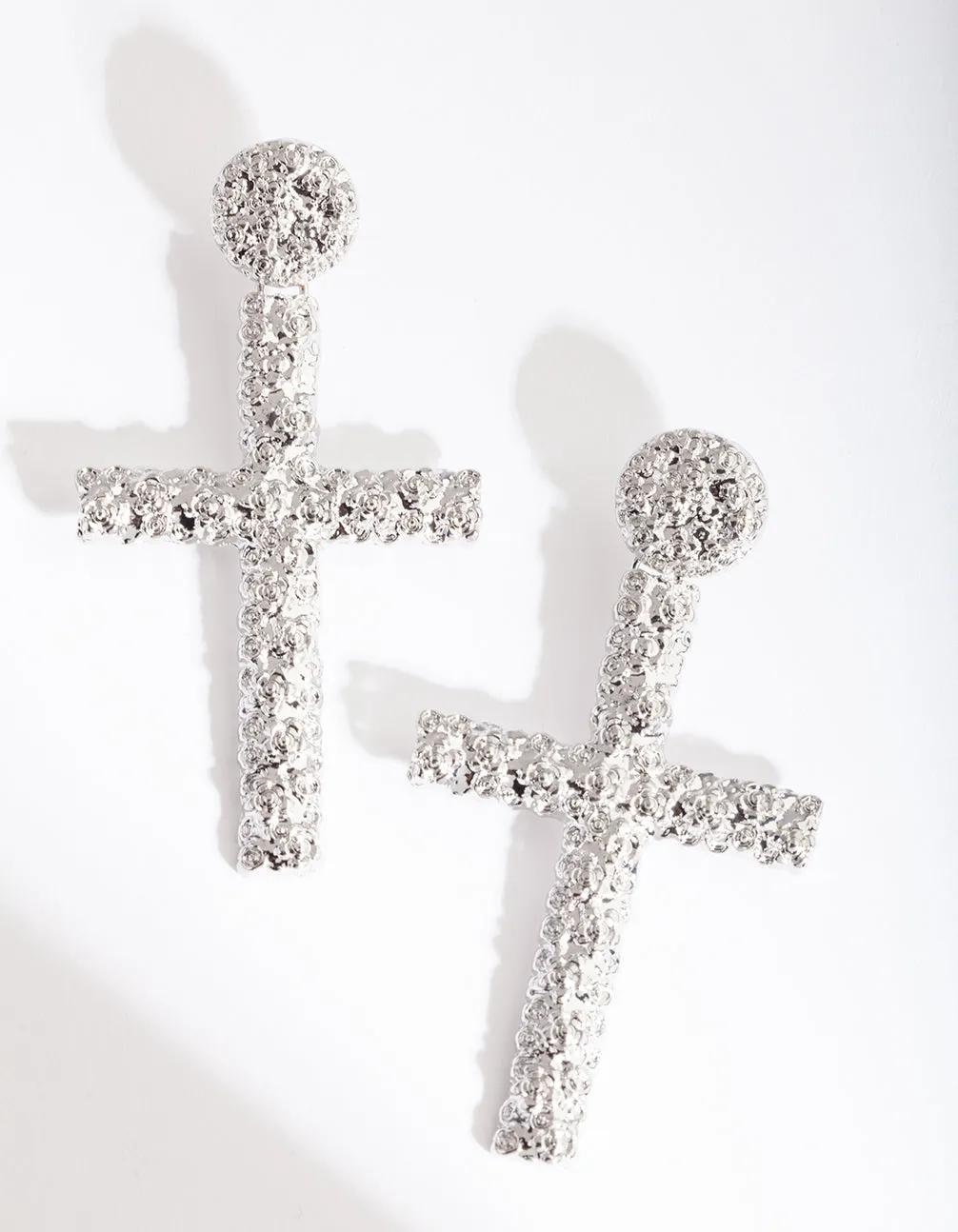 Silver Textured Cross Earring