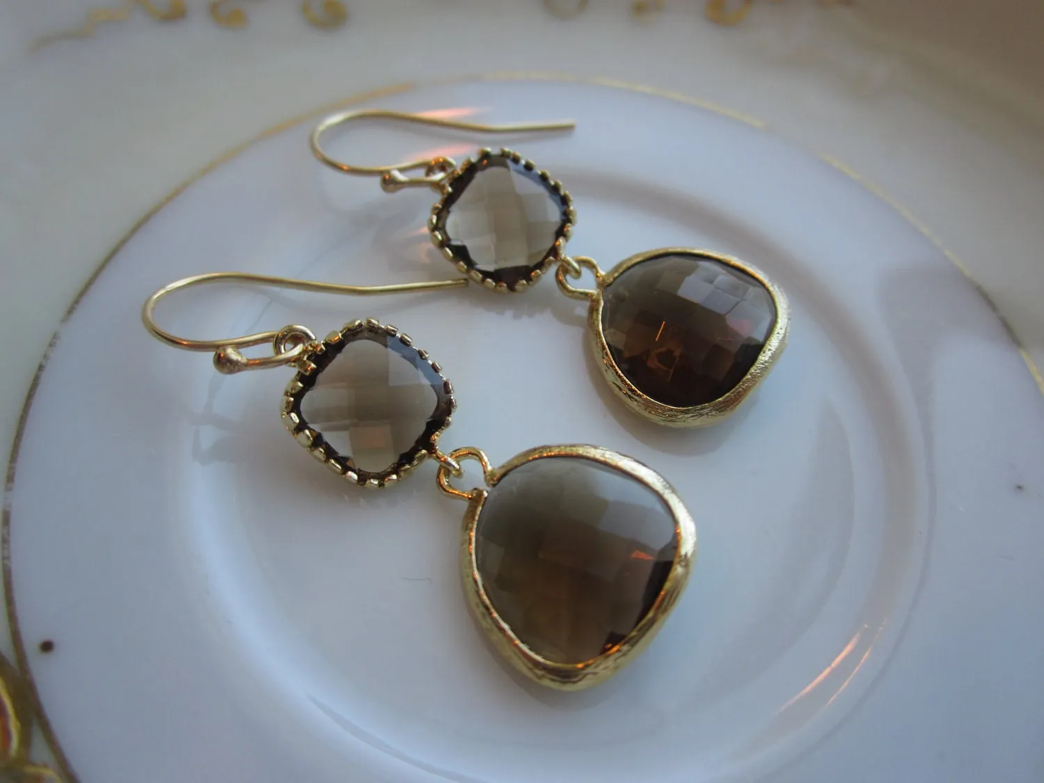 Smoky Brown Earrings Two Tier -  Bridesmaid Earrings - Bridal Earrings - Wedding Jewelry