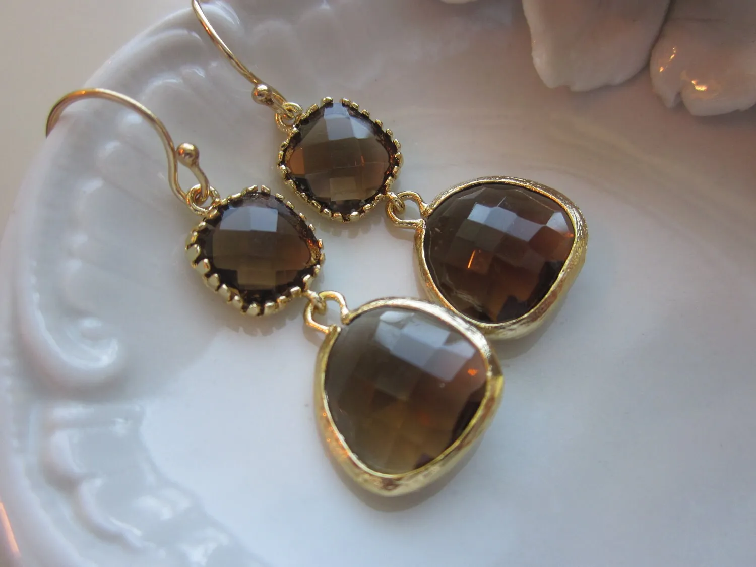 Smoky Brown Earrings Two Tier -  Bridesmaid Earrings - Bridal Earrings - Wedding Jewelry