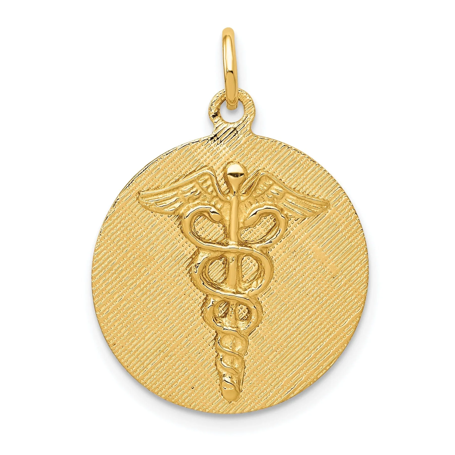 Solid 14k Yellow Gold Caduceus Disc Pendant