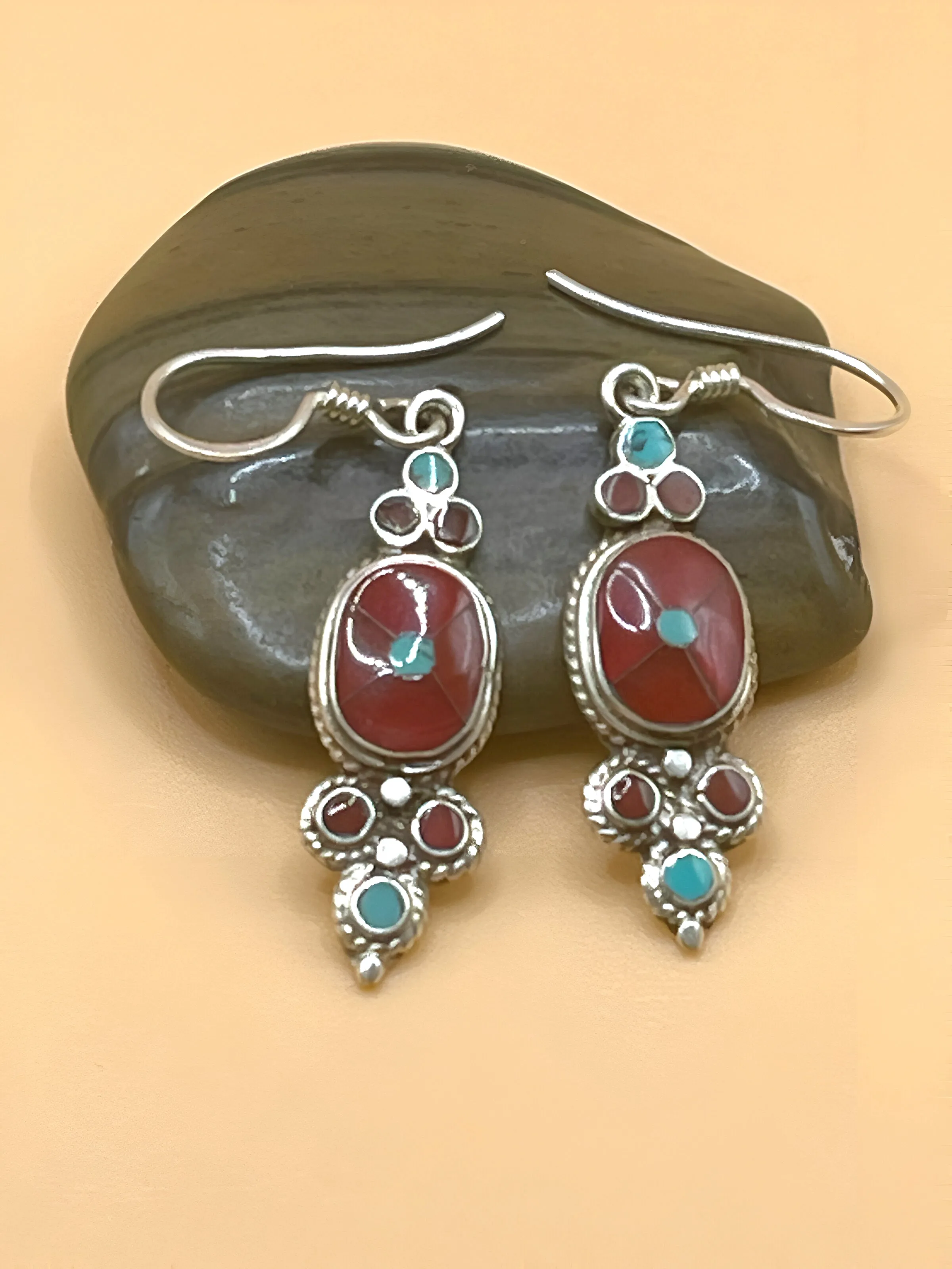 Sterling Silver Gemstone Tibetan Oval Shape Earrings