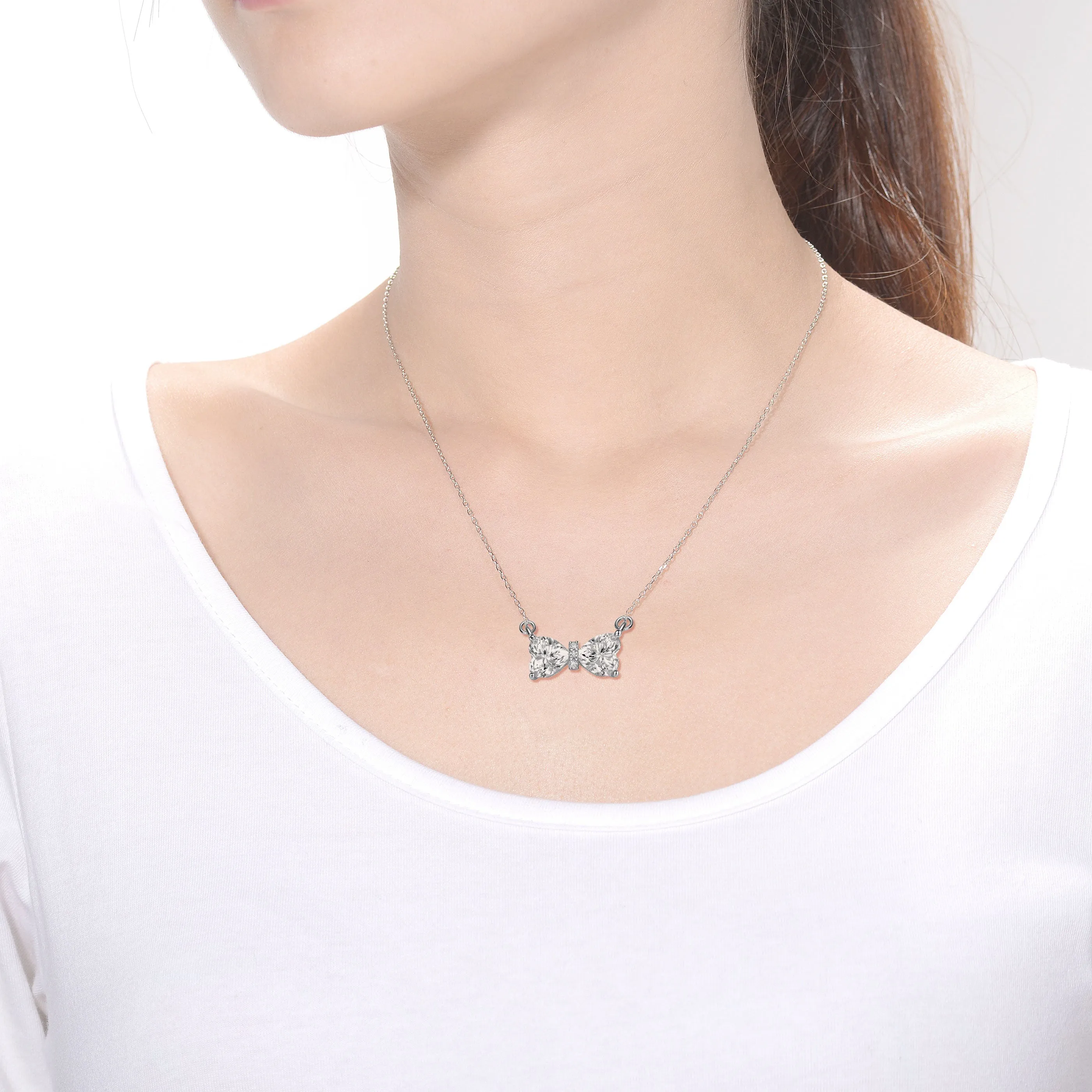 Sterling Silver with 1.50ctw Lab Created Moissanite Bow-Tie Heart Pendant Layering Necklace