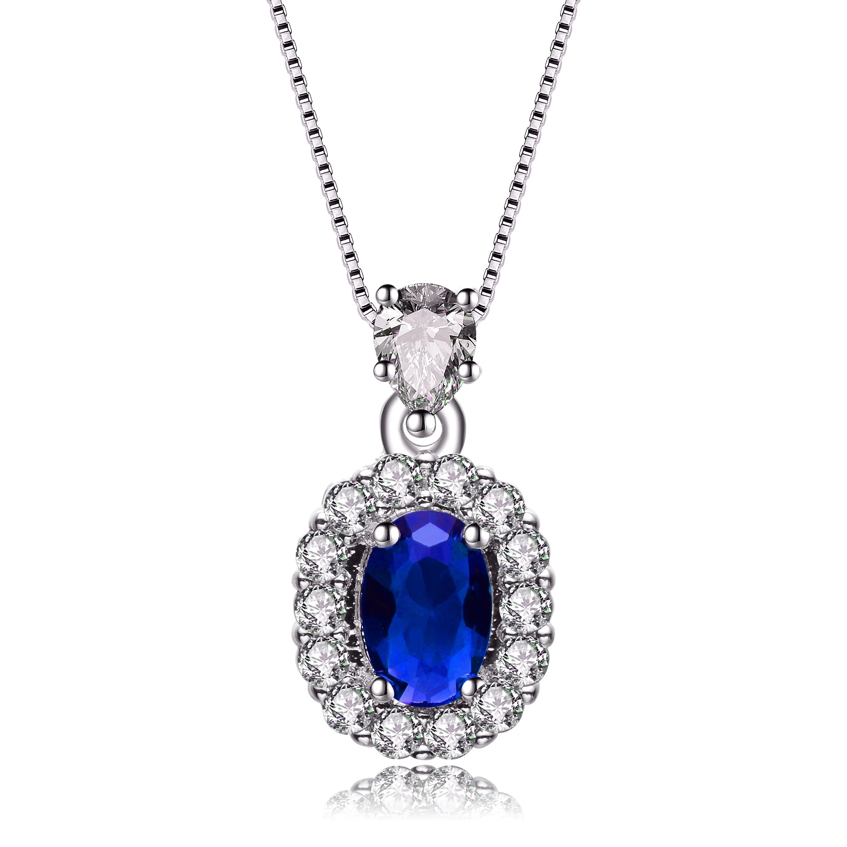 Sterling Silver with Rhodium Plated Sapphire Blue Oval Cubic Zirconia Accented with Clear Pear and Round Cubic Zirconias Necklace