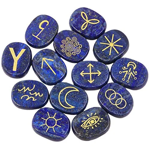 SUNYIK Natural Engraved Runes Stone Set of 13, Gypsy Symbols Healing Crystal Reiki Pocket Palm Stones Kit for Meditation Divination, Lapis Lazuli