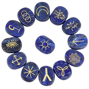 SUNYIK Natural Engraved Runes Stone Set of 13, Gypsy Symbols Healing Crystal Reiki Pocket Palm Stones Kit for Meditation Divination, Lapis Lazuli