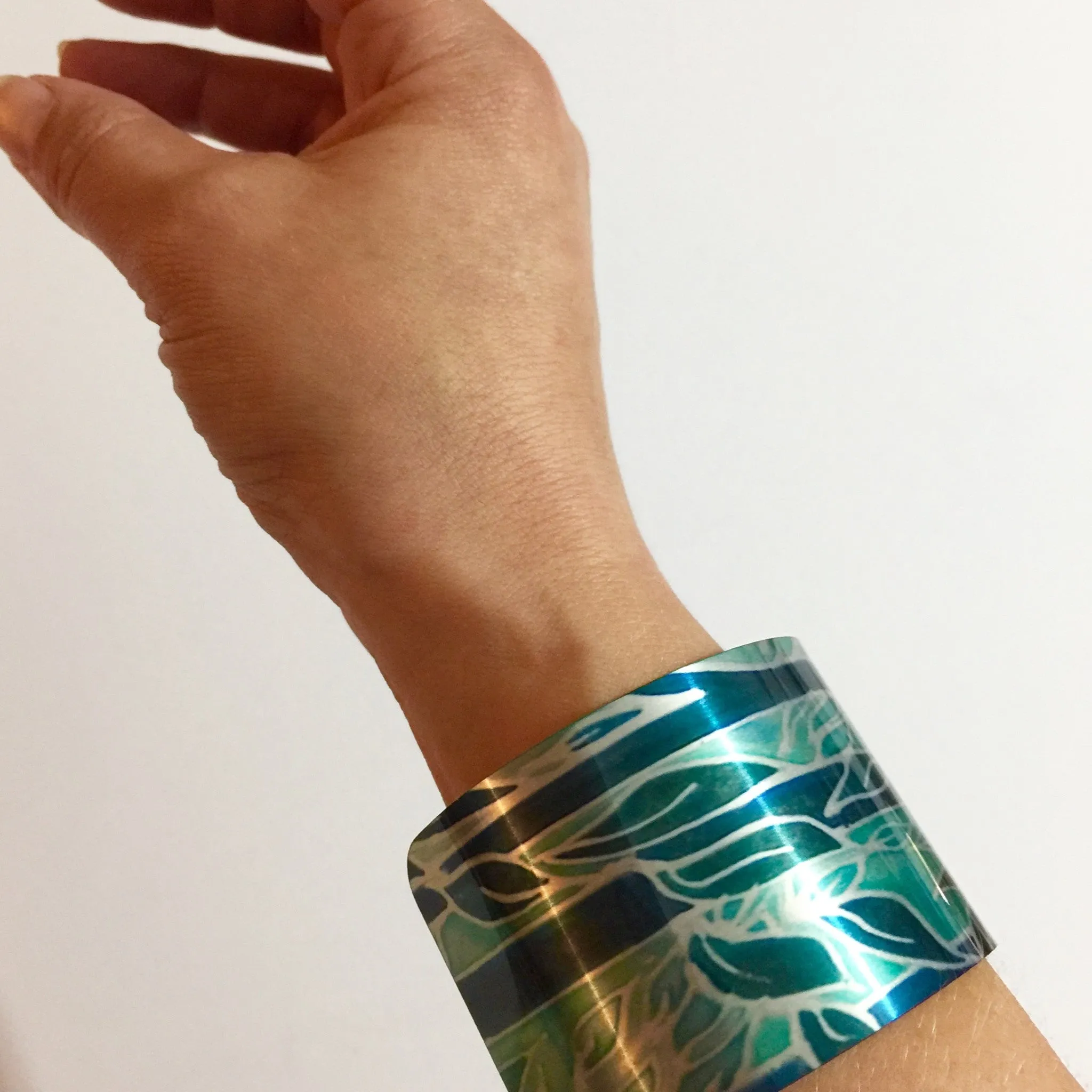 Teal Trees Cuff Bracelet, Comtemporary Bracelet in easy wear lightweight aluminium.