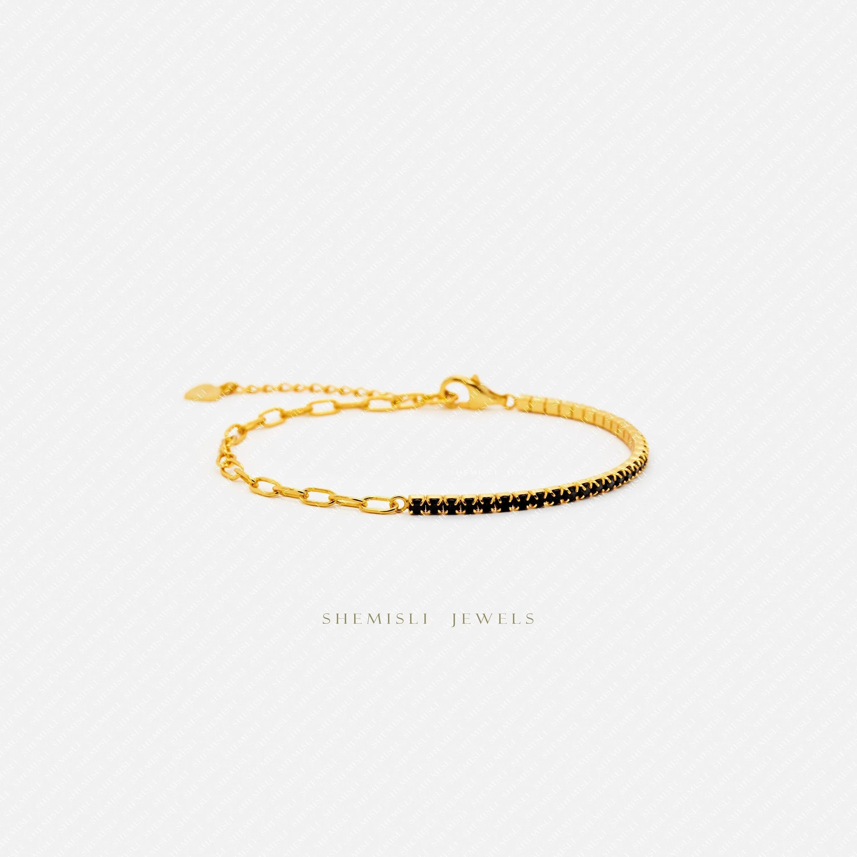 Tiny Paper clip Chain and Black Gem Links Bracelet, Silver or Gold Plated (6.25"   1.25") SHEMISLI - SB007