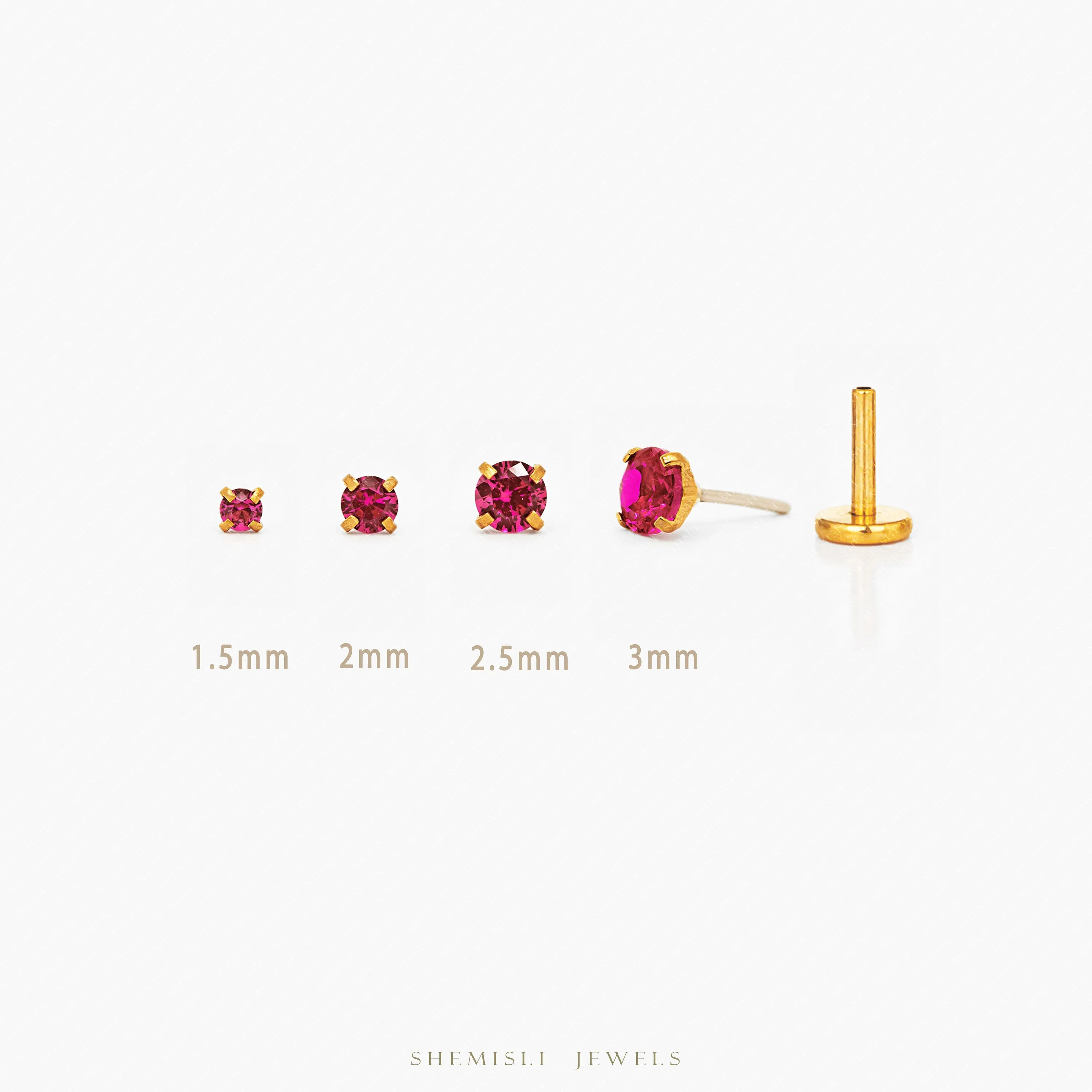 Tiny Ruby Threadless Flat Back Nose Stud, July Birthstone, 20,18,16ga, 5-10mm, Unisex, Surgical Steel SHEMISLI SS615