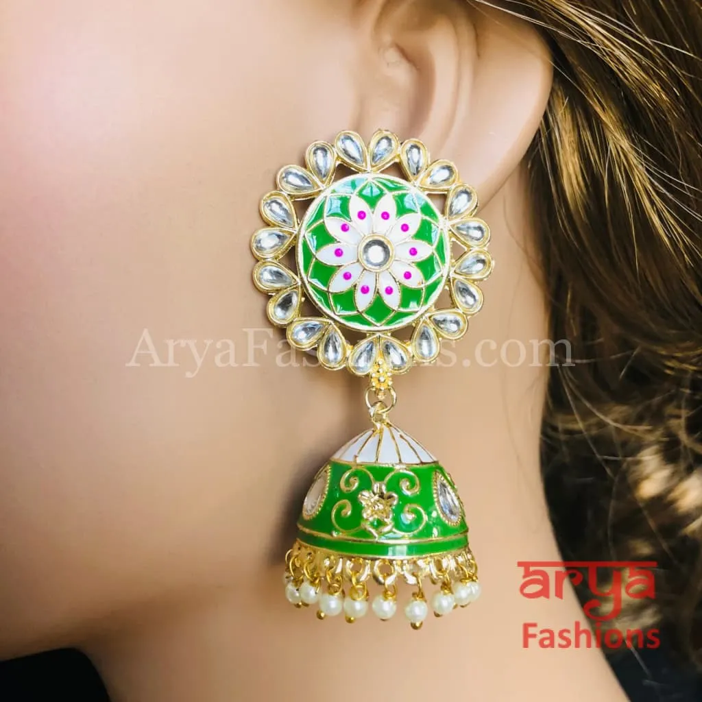 Traditional Golden Meenakari Jhumka Earrings