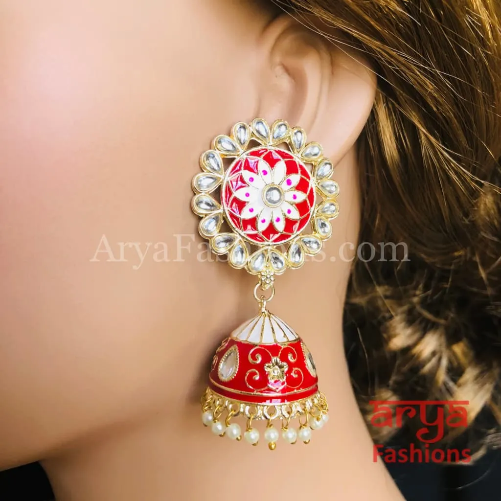 Traditional Golden Meenakari Jhumka Earrings