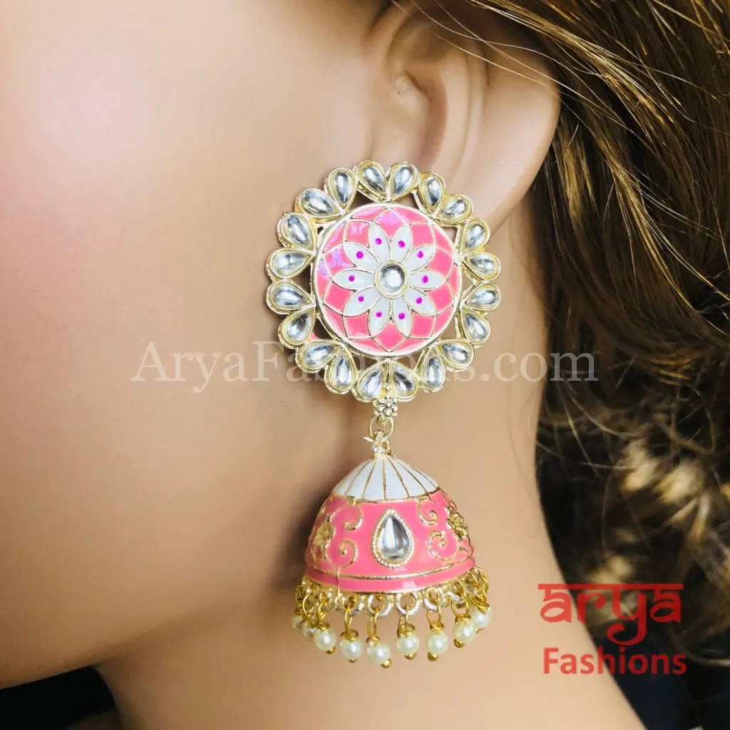 Traditional Golden Meenakari Jhumka Earrings