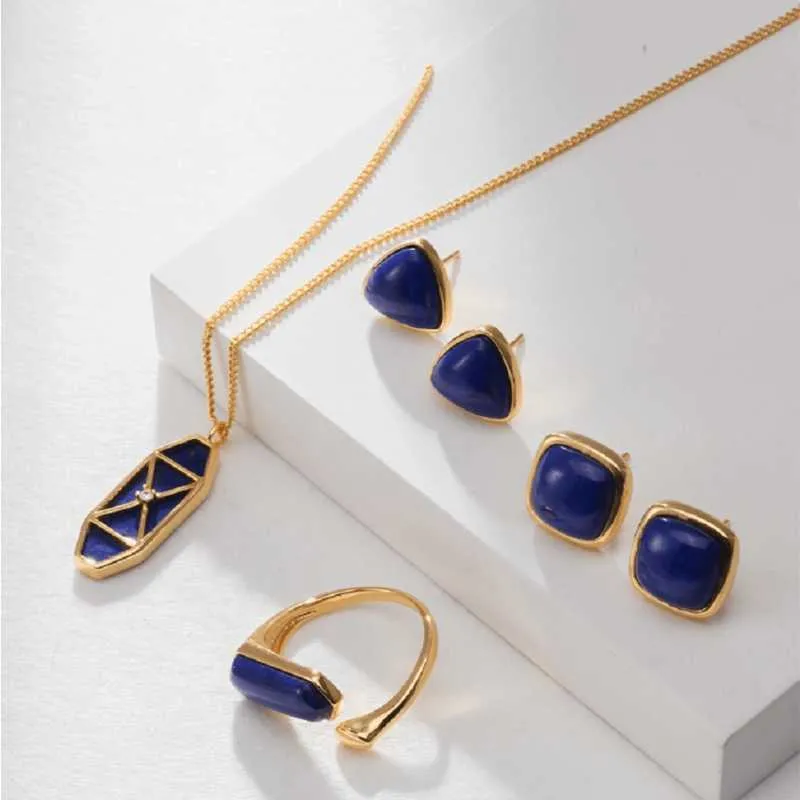 Triangle Lapis Lazuli Stud Earrings  -Gold Vermeil