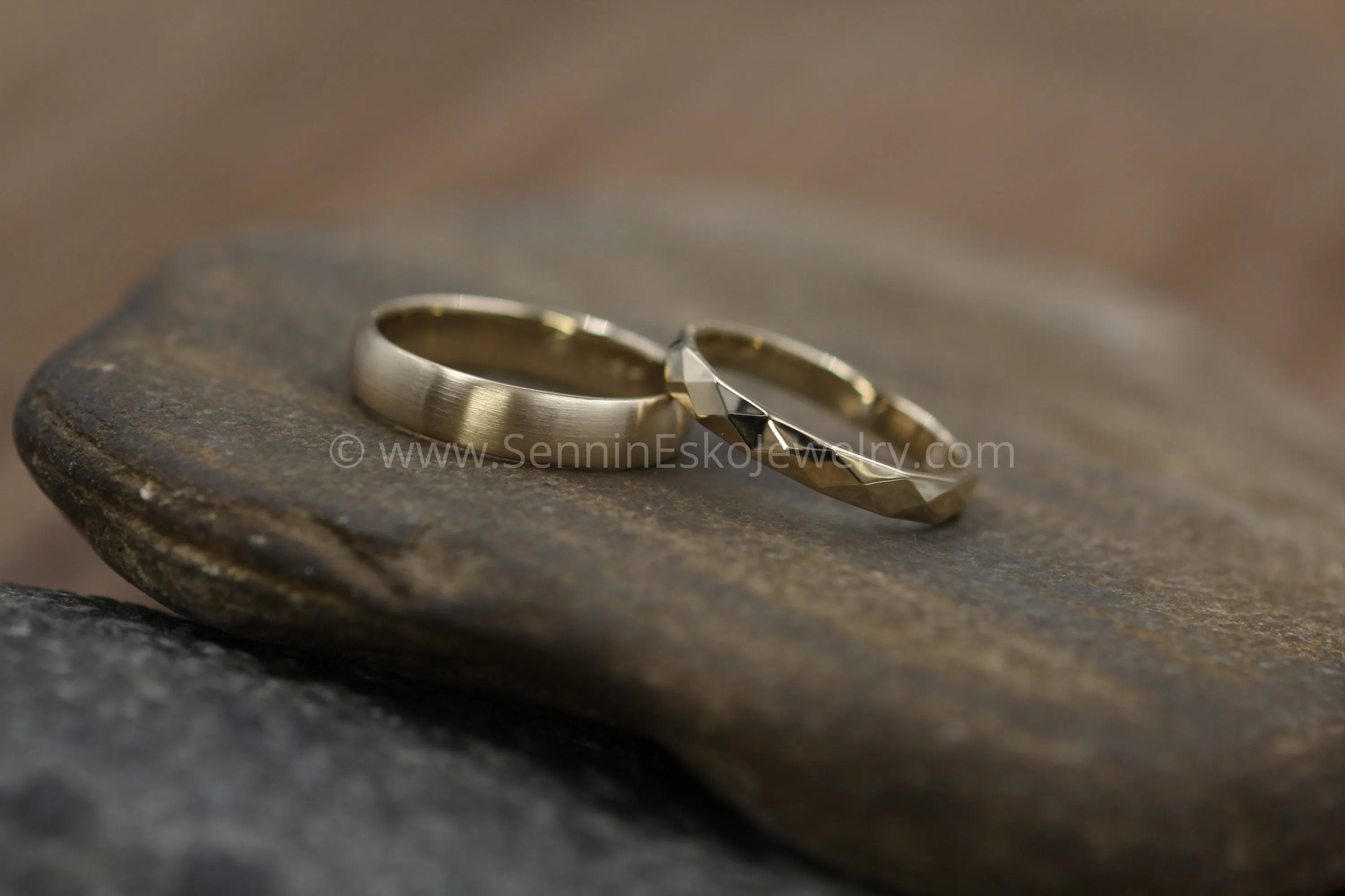 Wedding Ring SET - Yellow Gold Faceted Band 3.5x1.5mm & Half Round Comfort Fit 4.5x1.5mm