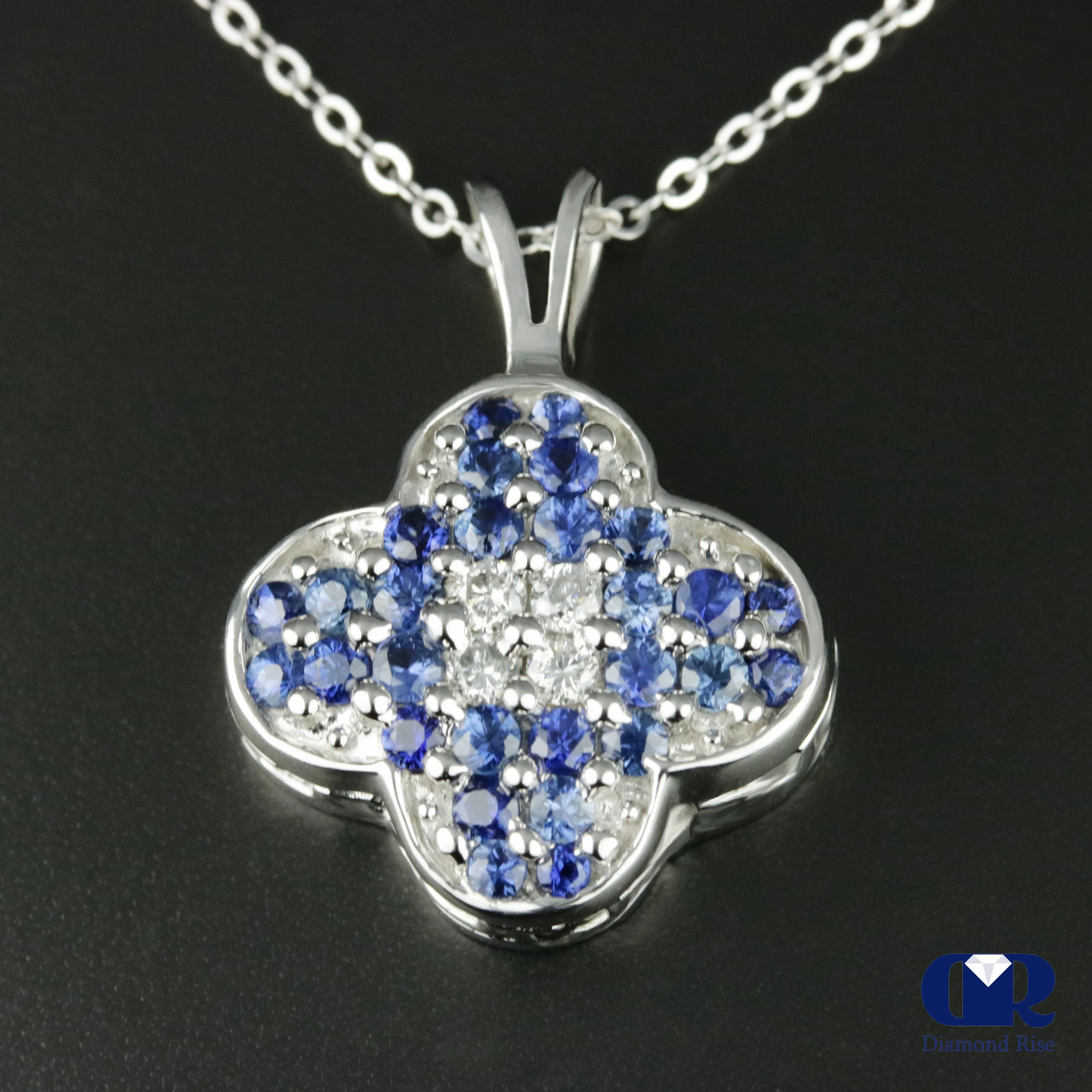 Women's Round Cut Diamond & Sapphire Plum Blossom Shaped Pendant Necklace 14K White Gold