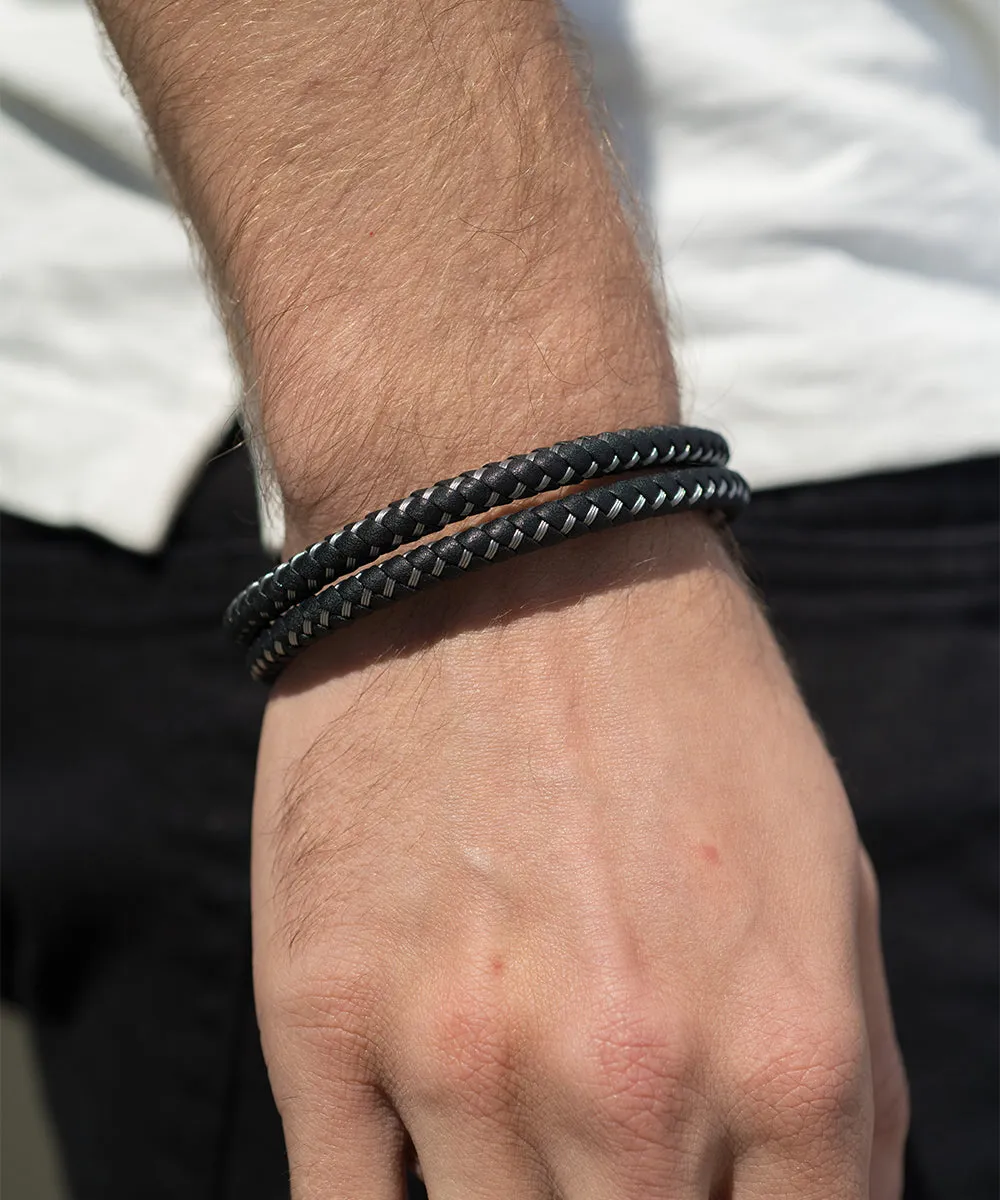 Woven Leather Bracelet with Two Tone Clasp