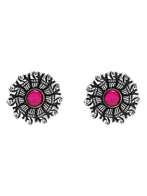 Yellow Chimes Oxidised Stud Earrings For Women Traditional Silver Oxidised Kolhapuri Stud Earrings For Women & Girls