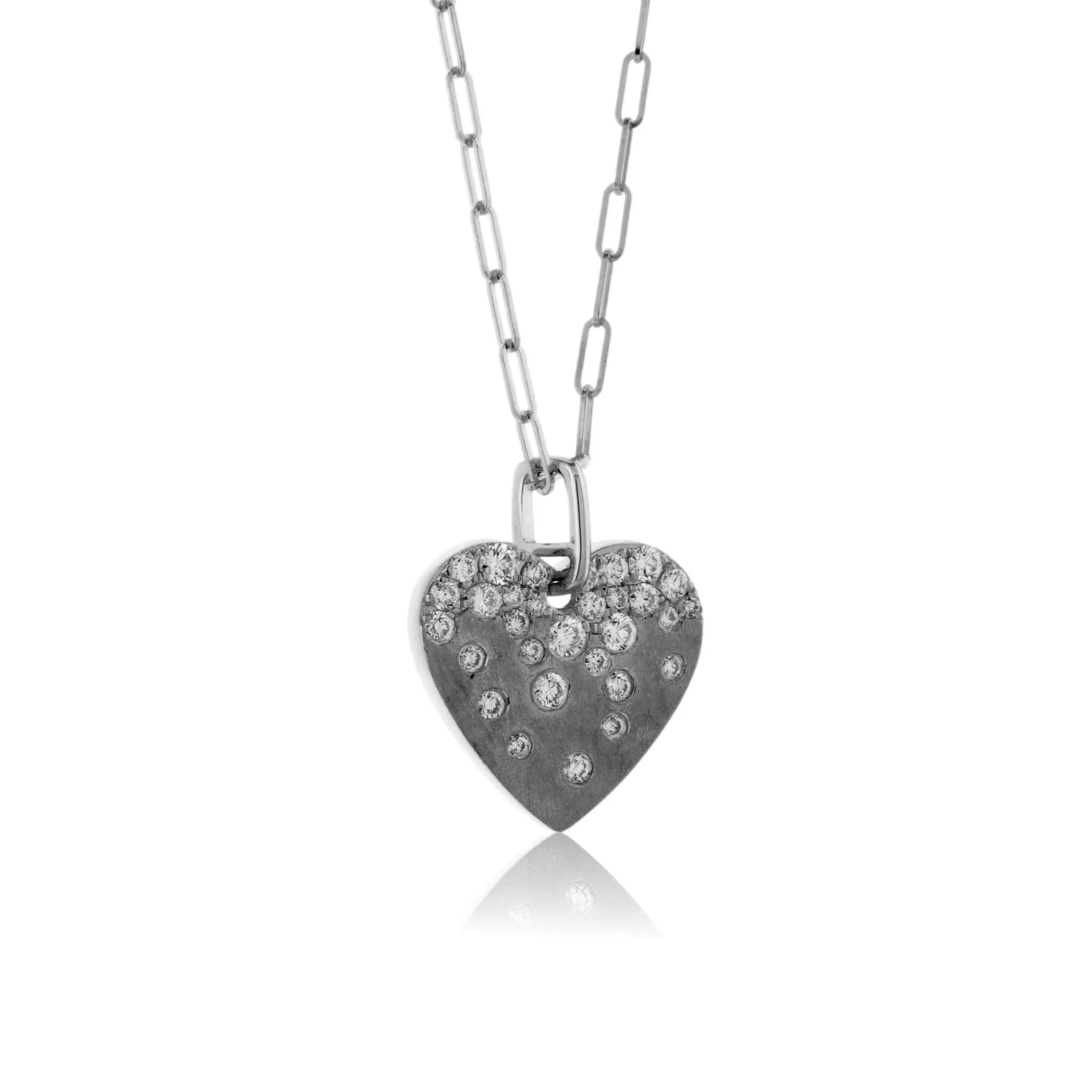 Yellow Gold Satin Finish Flush Set Heart with Paperclip Chain